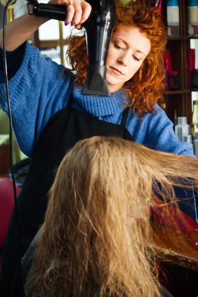 Giovane donna nel suo studio di capelli con cliente — Foto Stock