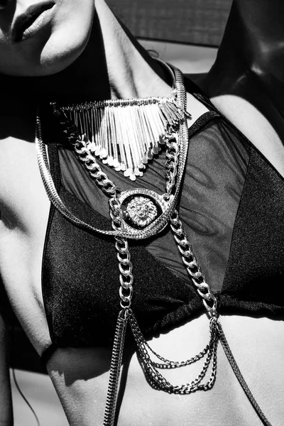 Girl in bikini with massive necklace closeup — Stock Photo, Image