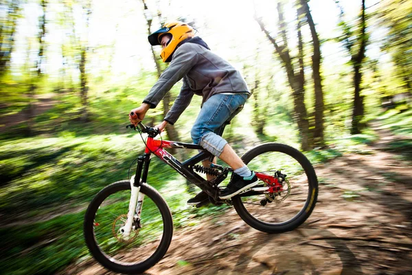Man rijden mountainbike door bos — Stockfoto