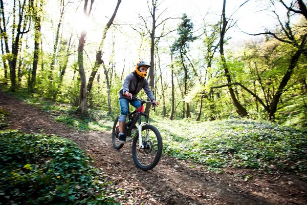 Hombre montar bicicleta de montaña a través del bosque — Foto de Stock