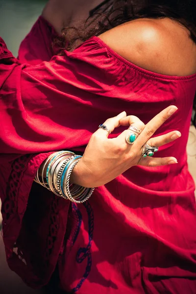 Woman hand in yoga symbolic gesture mudra — Stock Photo, Image