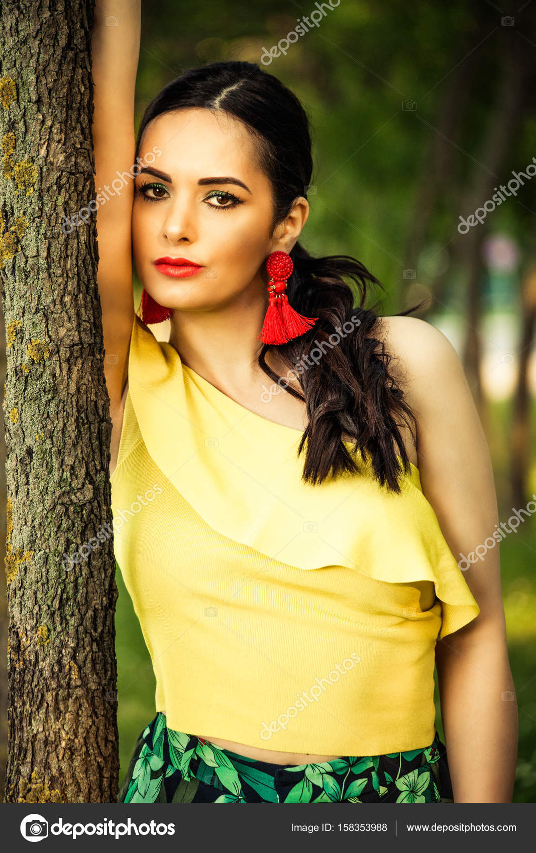 Dark hair woman portrait by the tree latino look Stock Photo by ...