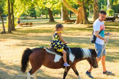 Baba al midilli ata binmek için onun küçük dother parkta 