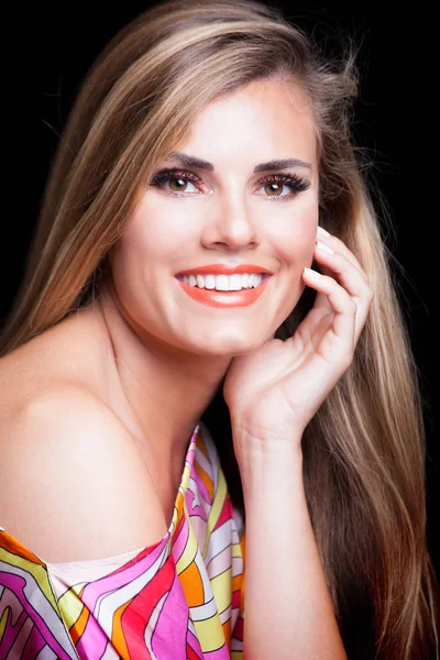 Young blonde woman with perfect white smile studio shot — Stock Photo, Image