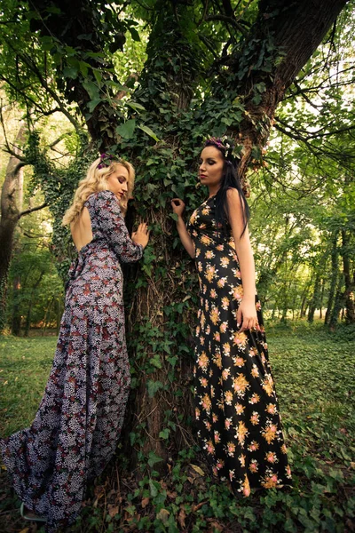 Paar boho stijl vrouwen staan door enorme boom in hout — Stockfoto