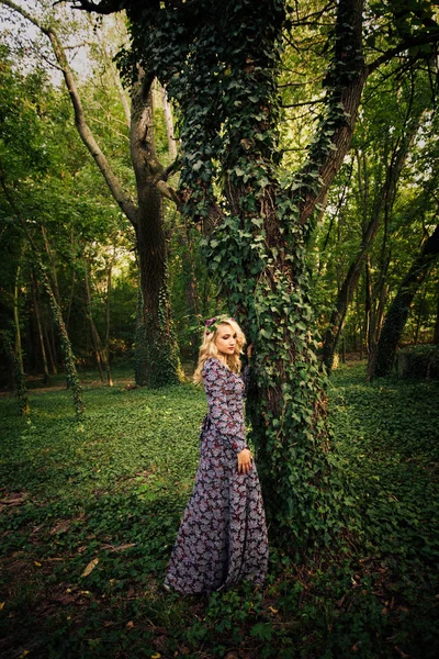 Boho style woman stand by huge tree in wood summer day — Stock Photo, Image