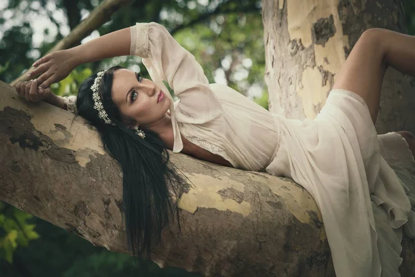 Красива молода темне волосся жінка в романтичній сукні лежить на дереві — стокове фото