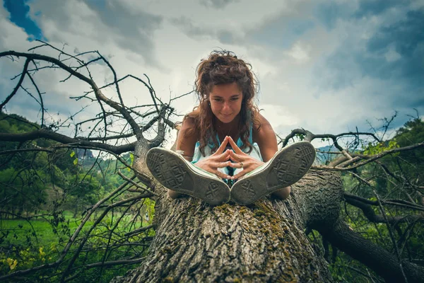 Jovem mulher praticar ioga ao ar livre em enorme caiu árvore no monte — Fotografia de Stock