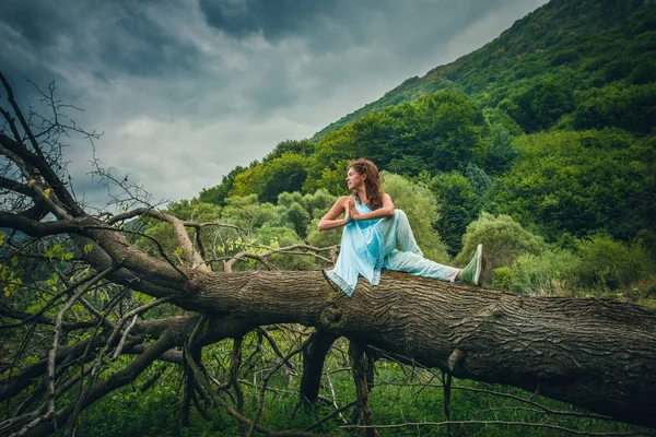 Giovane donna pratica yoga all'aperto su enorme albero caduto sul monte — Foto Stock
