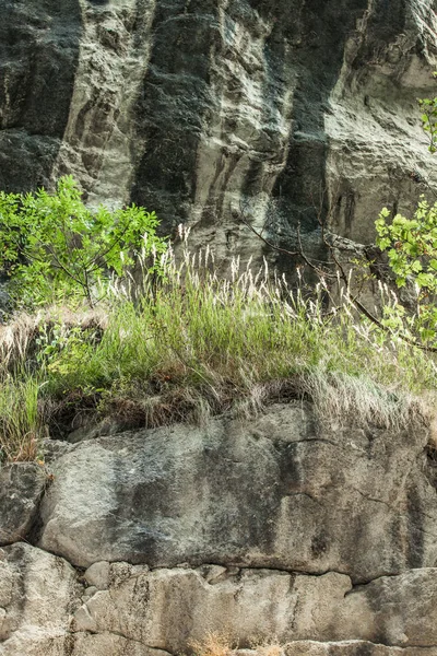 Schichten von Felsen im Hintergrund einer kleinen Bergschlucht — Stockfoto