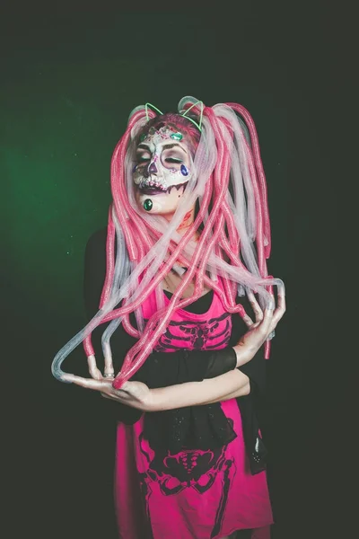 Halloween woman with sugar skull makeup — Stock Photo, Image