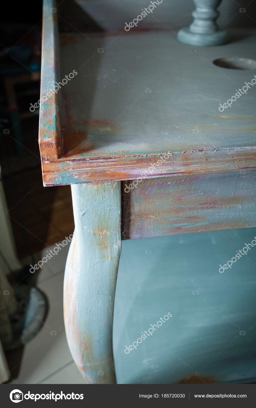 Part Of Wooden Desk Painted With Chalky Paint Diy Ideas Stock