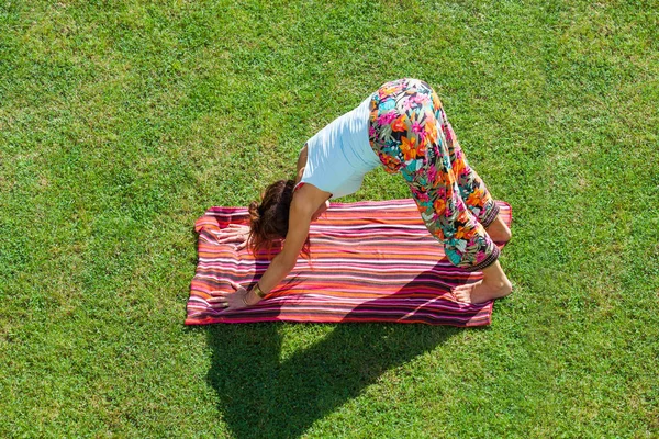 Mulher adulta praticar ioga para baixo cão pose ao ar livre no quintal em — Fotografia de Stock