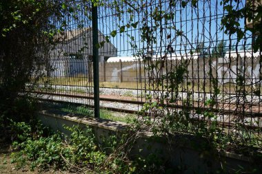 Kısmen çürümüş tren vagonları olan eski bir demiryolu tesisi.