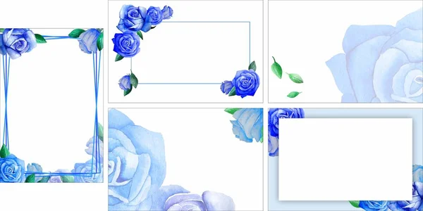 Set of frames with blue watercolor roses. Layout for a business card, gift card and certificate.