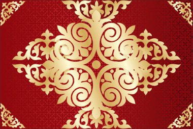 Kırmızı arka planda altın bir süs. Altın Contour. Çiçeklerin Dönüşümü. İslam, Doğu, Arap, Farsça, Kazak