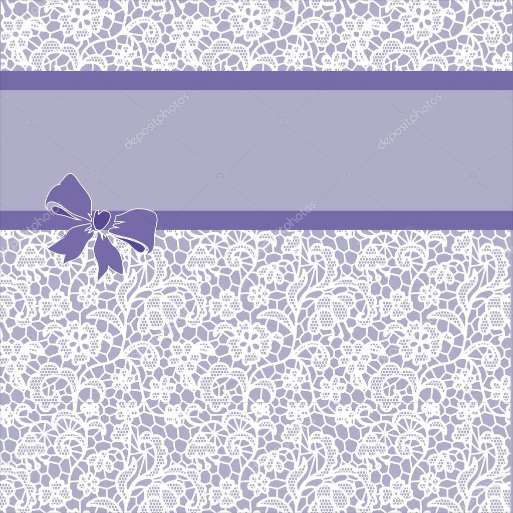 Vector template for wedding, invitation or greeting card with lace background and purple ribbon.