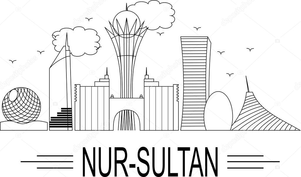 Linear banner of the city of Nur Sultan. Vector illustration. Line art.