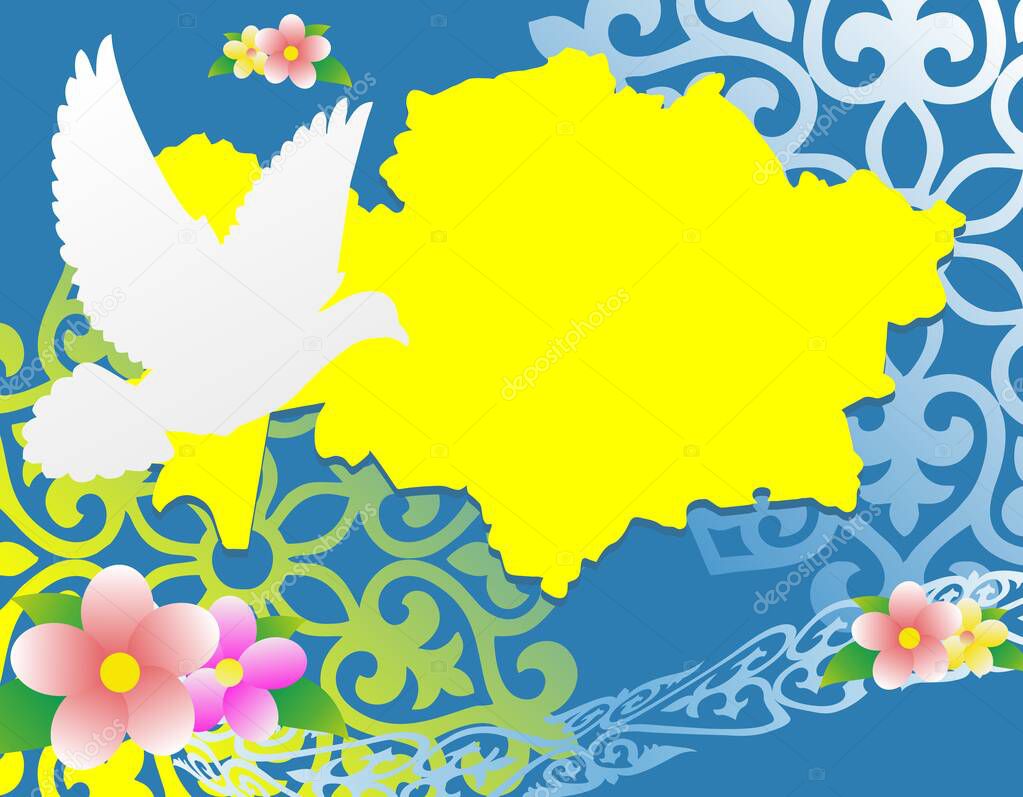 Map of Kazakhstan, dove and flowers. The symbol of unity of the peoples of Kazakhstan. Ready painting for May 1.