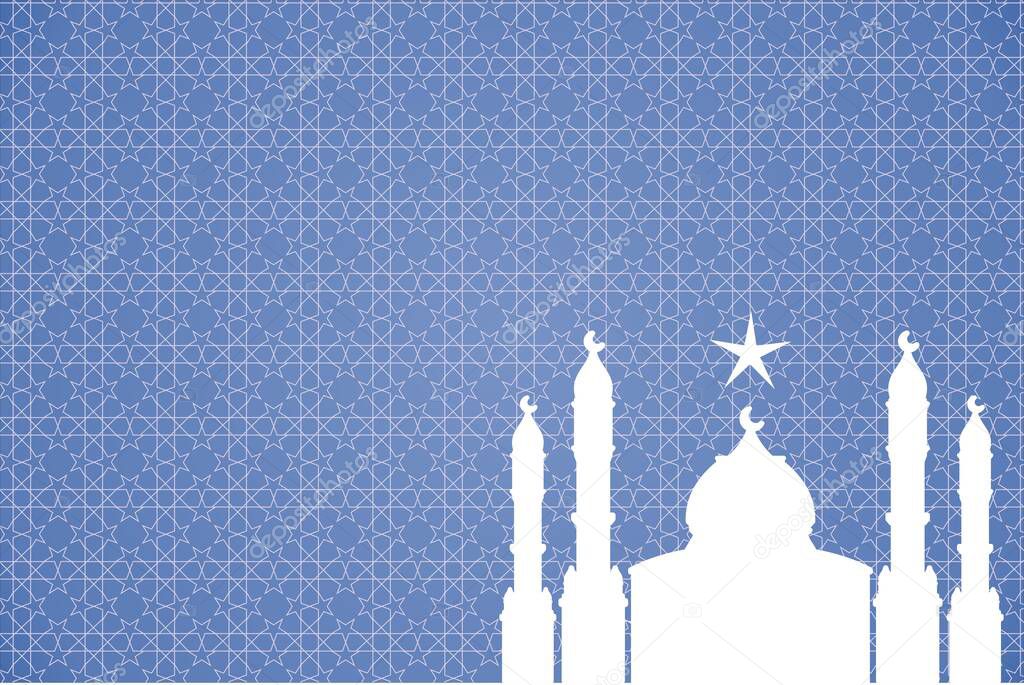 The outline of a Muslim mosque on a light blue background. National patterns. Ready-made template for muslim holiday.