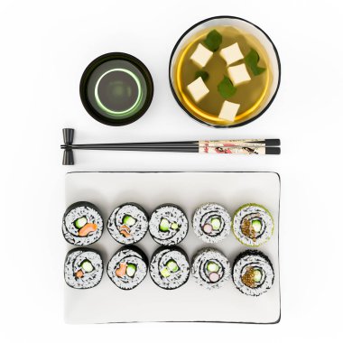 Sushi and japanese food on dark background. Sushi rolls, hiyashi wakame, miso soup, ramen, salmon steak, Chopsticks clipart