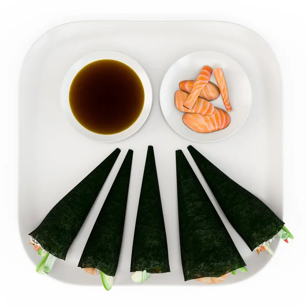 Sushi met soja in schotels — Stockfoto