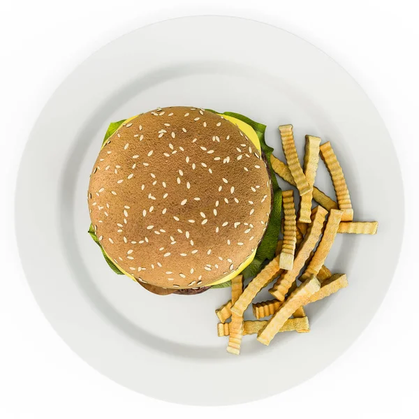 Вкусные гамбургеры с помидорами, огурцами, сыром, говядиной, луком, салатом и картошкой фри на белой тарелке, концепция ресторана — стоковое фото