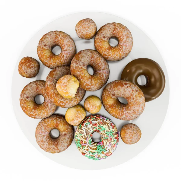 Large selection of donuts, many different flavors on a white plate — Stock Photo, Image