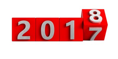 Kırmızı 2017 kutusu 2018 metal doku için döner. Beyaz arka plan üzerinde yeni yıl kavramı göl kenarında. 3D render, illüstrasyon.