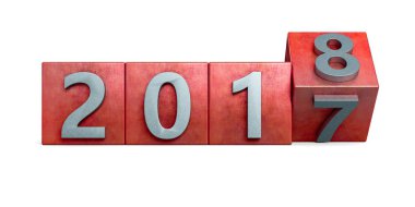 Kırmızı 2017 kutusu 2018 metal doku için döner. Beyaz arka plan üzerinde yeni yıl kavramı göl kenarında. 3D render, illüstrasyon.