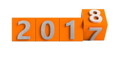 Turuncu 2017 kutusu gümüş 2018 metal doku için döner. Beyaz arka plan üzerinde yeni yıl kavramı göl kenarında. 3D render, illüstrasyon.