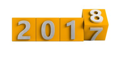 Sarı 2017 kutusu gümüş 2018 metal doku için döner. Beyaz arka plan üzerinde yeni yıl kavramı göl kenarında. 3D render, illüstrasyon.