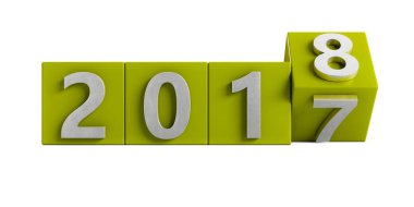 Sarı yeşil 2017 kutusu gümüş 2018 metal doku için döner. Beyaz arka plan üzerinde yeni yıl kavramı göl kenarında. 3D render, illüstrasyon.