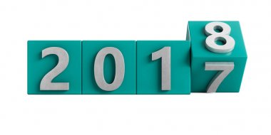 Derin gökyüzü mavi 2017 kutusu gümüş 2018 metal doku için döner. Beyaz arka plan üzerinde yeni yıl kavramı göl kenarında. 3D render, illüstrasyon.