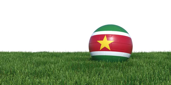 Surinam Surinam Surinam pelota de fútbol bandera de Surinam acostado en el mundo de hierba —  Fotos de Stock