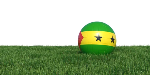 Santo Tomé y Príncipe bandera pelota de fútbol acostado en la hierba —  Fotos de Stock