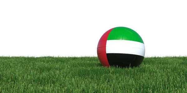 Emiratos Árabes Unidos bandera pelota de fútbol acostado en la hierba — Foto de Stock