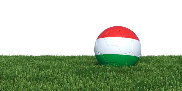 Hungría pelota de fútbol bandera húngara acostado en la hierba —  Fotos de Stock