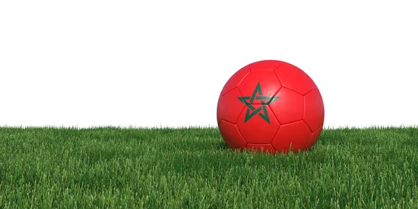 Morocco Moroccan flag soccer ball lying in grass — Stock Photo, Image