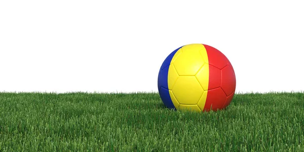 Rumania Rumano Chad Chadian pelota de fútbol bandera acostado en la hierba — Foto de Stock