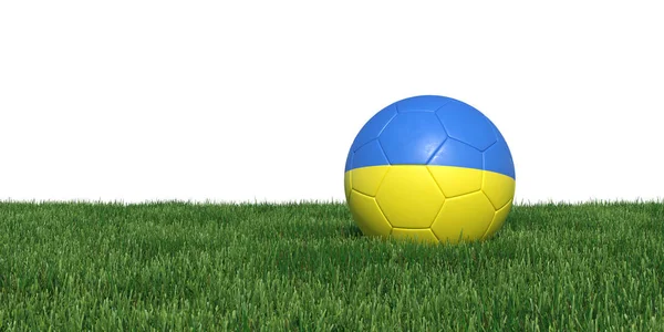 UA Oekraïne Oekraïens vlag voetbal liggen in het gras — Stockfoto
