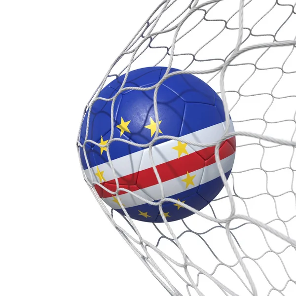 Cape Verde flag soccer ball inside the net, in a net. — Stock Photo, Image