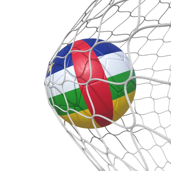 Central African Republic flag soccer ball inside the net, in a n — Stock Photo, Image