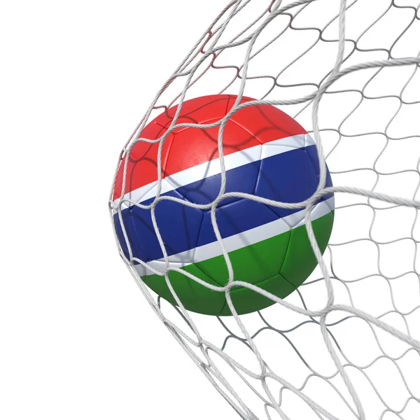 Gambia Gambian flag soccer ball inside the net, in a net. — Stock Photo, Image