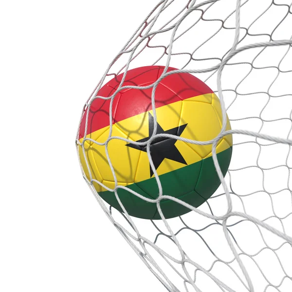 Ghana Ghanaian flag soccer ball inside the net, in a net. — Stock Photo, Image