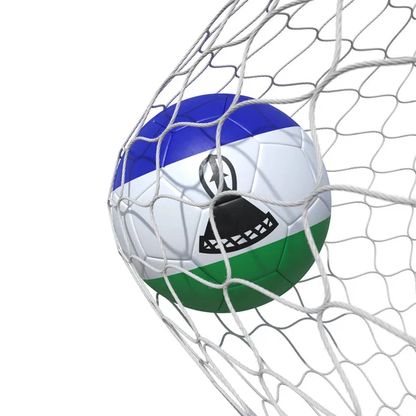Lesotho flag soccer ball inside the net, in a net. — Stock Photo, Image