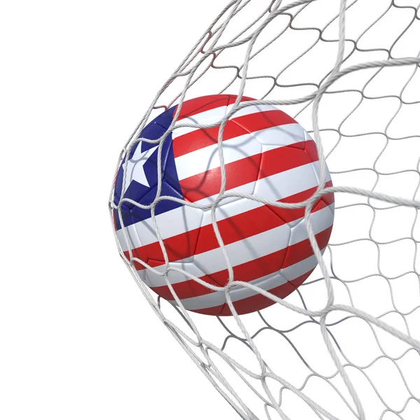 Liberia Liberian flag soccer ball inside the net, in a net. — Stock Photo, Image