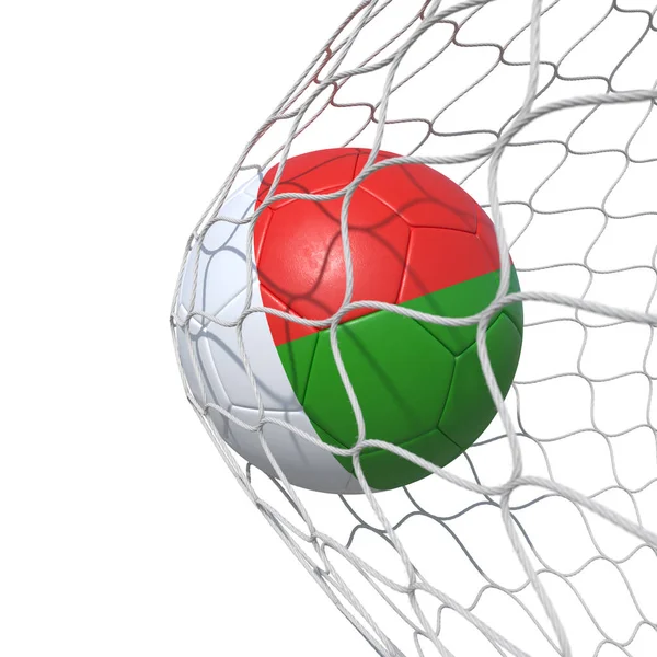 Madagascar Madagascan flag soccer ball inside the net, in a net. — Stock Photo, Image