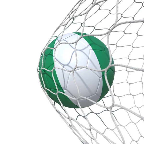 Nigéria bola de futebol bandeira nigeriana dentro da rede, em uma rede . — Fotografia de Stock