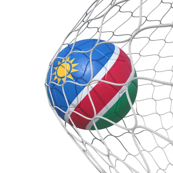 Namibia Namibian flag soccer ball inside the net, in a net. — Stock Photo, Image